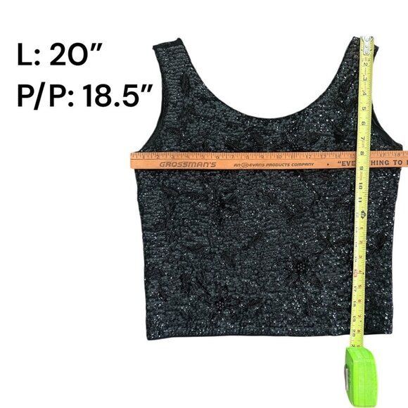 Vintage Black Sequin Beaded Sleeveless Top W/ Floral Design & Full-Back Zipper - Picture 8 of 10